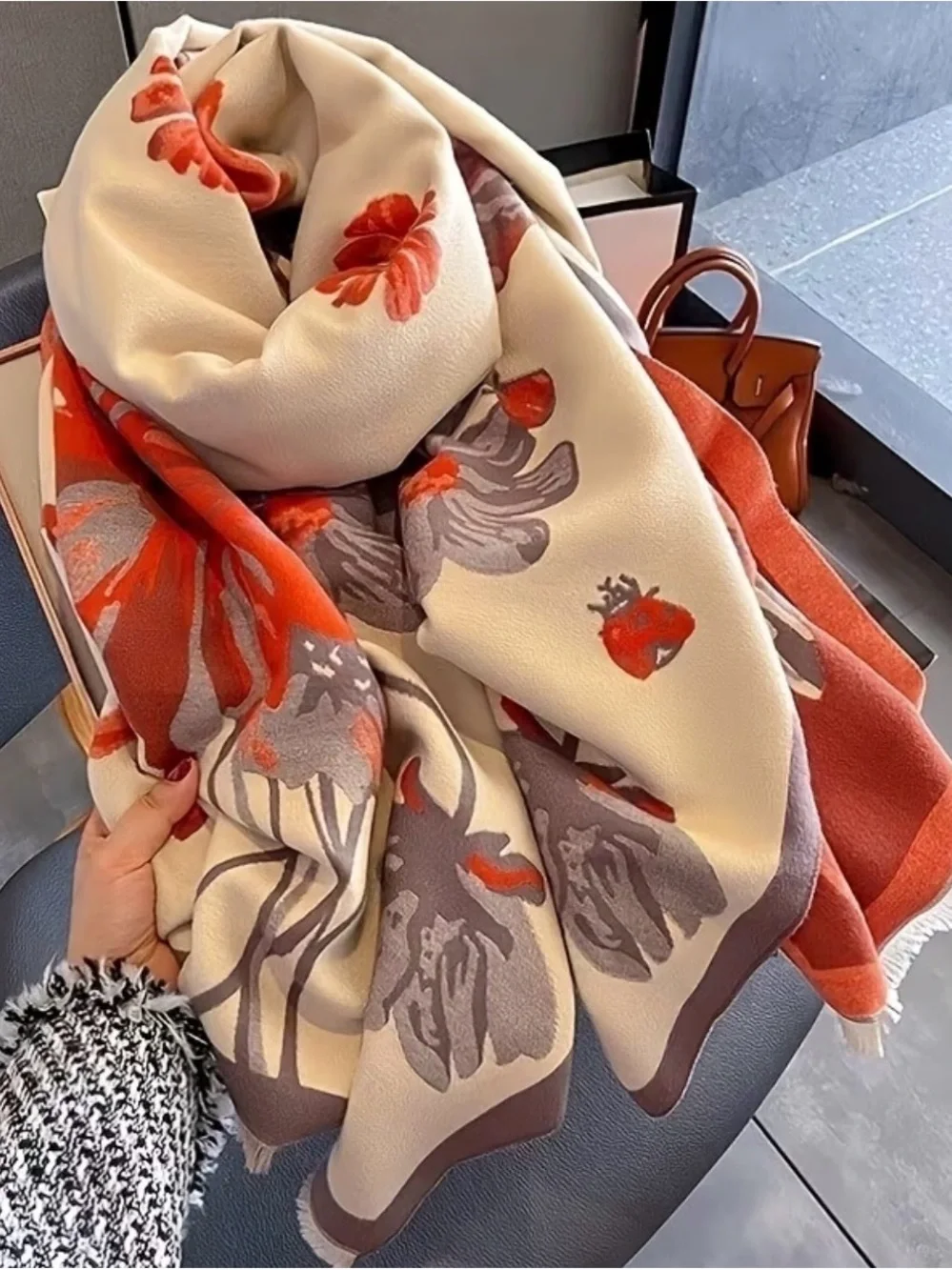 Luxury Floral Print cashmere wool blend Women's Scarf in Cream and Coral